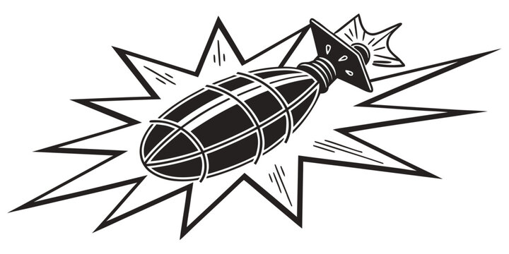 Graphic vector illustration of an exploding aerial bomb or projectile on a starry burst background with projectile explosive military explosion illustration conflict monochrome security