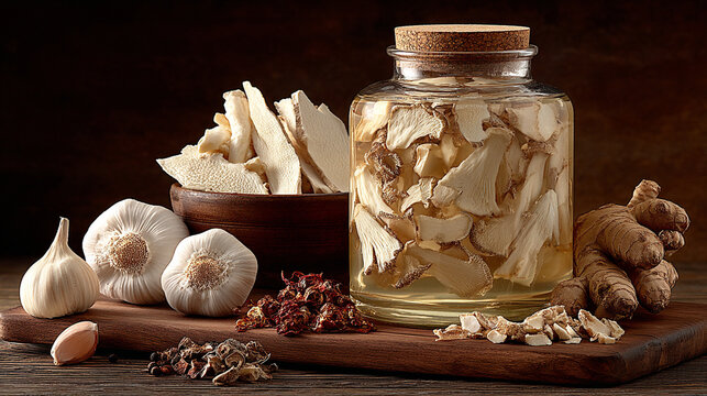 Glass jar of preserved mushrooms whole garlic fresh ginger dried spices on a rustic wooden surface
