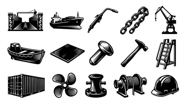 Industrial  Maritime Icons Set in Vintage Engraving Style. Shipping, Construction, Port Equipment  Tools.