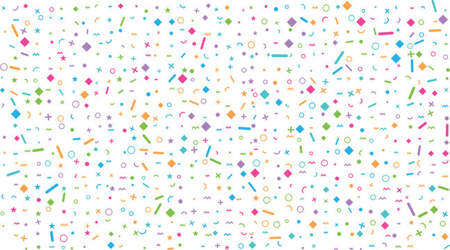 A vibrant pattern of scattered colorful geometric shapes including circles stars and diamonds on a clean white surface