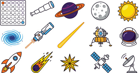 Space Exploration and Astronomy Colorful Icon Set with Rocket Planet Satellite Helmet and Telescope Designs © MdAungur