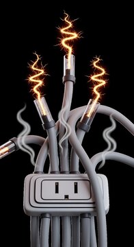 Electrical overload with sparking wires and smoke emanating from a power outlet symbolizing danger and high energy