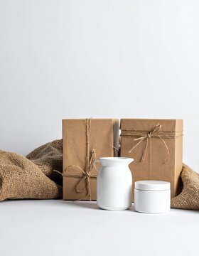 Brown paper packages with white jars on white