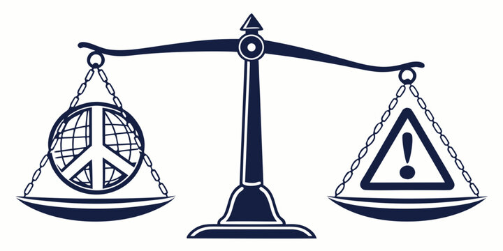 Conceptual graphic of balance scales comparing world peace globe against hazard warning triangle with triangle judgment decision comparison conflict illustration imbalance weighing fairness
