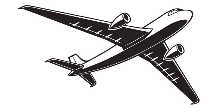 Contemporary commercial jet airliner flying isolated black and white illustration with airplane aircraft passenger aviation transport commercial aerospace vacation silhouette monochrome