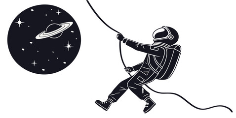 Astronaut climbing a tethered rope in deep space toward a distant planet with rings as a conceptual space exploration graphic astronaut climbing exploration astronomy adventure discovery © Jahid