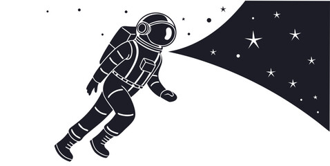 Minimalist astronaut floating in deep space graphic illustration with astronaut exploration cosmonaut universe astronomy monochrome silhouette minimalist discovery creative adventure © Jahid