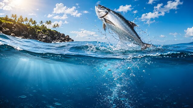 Silver fish leaping from tropical ocean water with a palm tree island backdrop