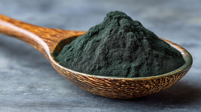 Close-up of green spirulina powder in a wooden spoon on a textured background with plant based