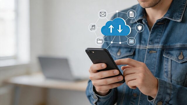 Man using smartphone with cloud computing network icons, uploading and downloading data for secure file storage, digital backup technology concept