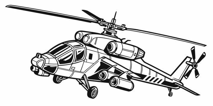 Detailed military attack helicopter monochrome graphic illustration with helicopter military aircraft aviation transport aeronautics monochrome isolated illustration silhouette mechanical