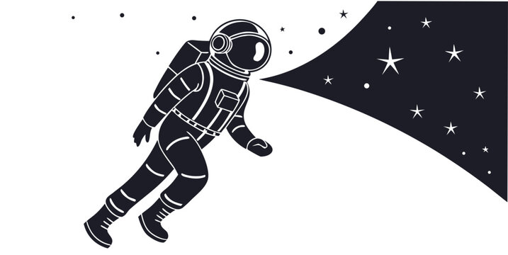 Minimalist astronaut floating in deep space graphic illustration with astronaut exploration cosmonaut universe astronomy monochrome silhouette minimalist discovery creative adventure