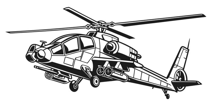 Tactical attack helicopter monochrome vector graphics with helicopter military aircraft aviation transport aeronautics monochrome illustration silhouette isolated tactical security