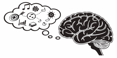 Human brain icon with thought bubble containing creative concepts thinking creativity intelligence knowledge cognitive abstract education learning innovation imagination brainstorming © Jahid