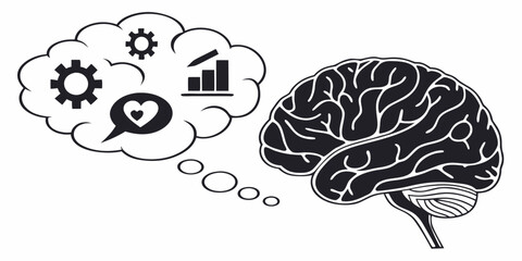 Human brain icon with thought bubble containing business and emotional concepts thinking creativity intelligence knowledge cognitive abstract education learning innovation imagination © Jahid