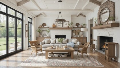 Fototapeta premium Cozy living room with fireplace and large windows, modern farmhouse style interior design with white brick and wooden accents and furniture