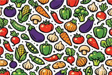 Obraz premium Vector art background pattern featuring vegetables and food ingredients like purple eggplant, carrots, garlic, mushrooms, tomatoes, chili, and corn.