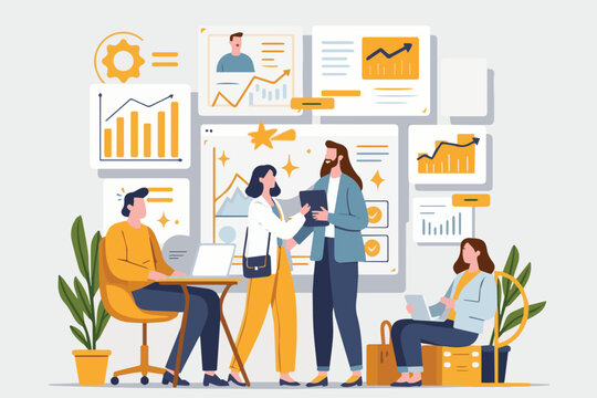 Vector art of four young content creators with traffic graphs, featuring viral trends, social media algorithms, digital growth, and modern online creativity.