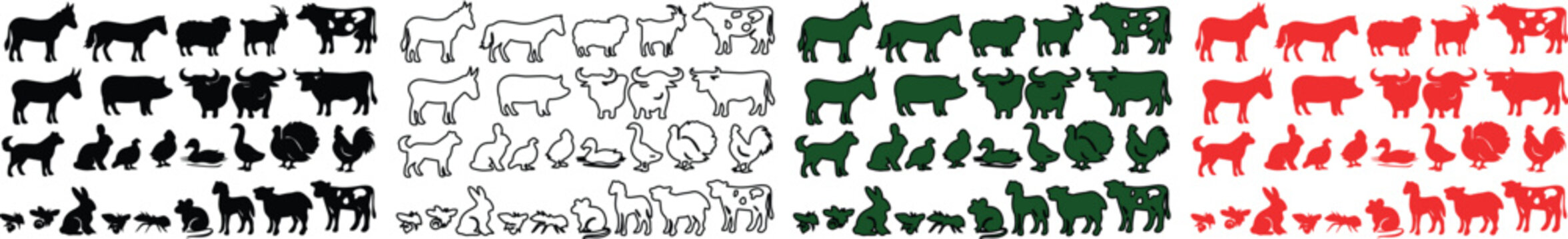 Farm Animal Silhouettes Vector Set, Domestic Livestock Icons in Black, Outline, Green, and Red, Agriculture and Rural Life Graphics, Barnyard Creature Collection for Design Projects