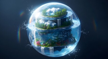 Obraz premium A vibrant, miniature world encased in a transparent sphere, showcasing lush landscapes and cascading waterfalls in a serene, encapsulated environment