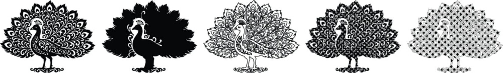 Fototapeta premium Elegant Peacock Vector Set, 5 Stylized Black and White Peacock Illustrations, Decorative Bird Graphics for Design Projects, Nature-Inspired Art