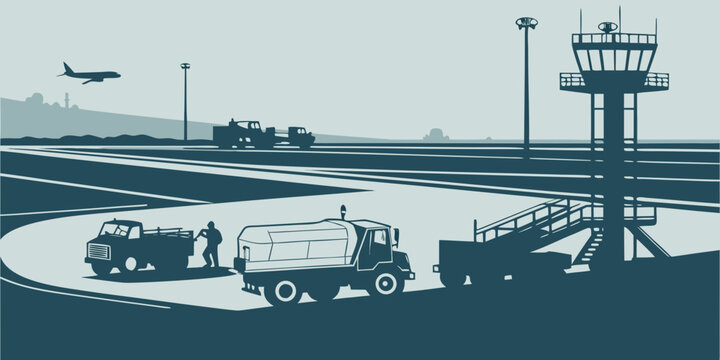 Aviation ground support equipment at airport terminal ramp area with aviation airplane transport terminal refueling logistics infrastructure management operations commercial airfield