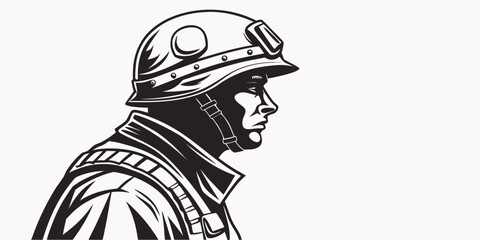 Silhouette profile portrait of a soldier wearing a tactical helmet with military tactical protection serviceman patriotism security silhouette illustration creative monochrome portrait © Jahid