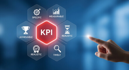 Fototapeta premium Hand pointing to KPI metrics on a digital dashboard screen with icons