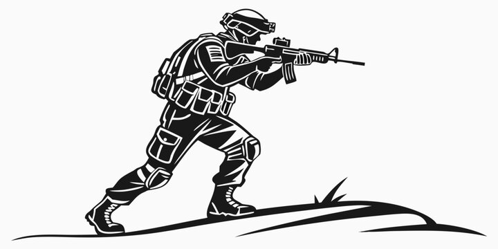 Armed soldier moving forward in combat tactical gear silhouette with military tactical infantry silhouette illustration security operation monochrome isolated strength training readiness
