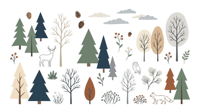 Scandinavian forest vector elements, minimalist winter woodland trees and wild animals, rustic pine and fir tree collection for seasonal design