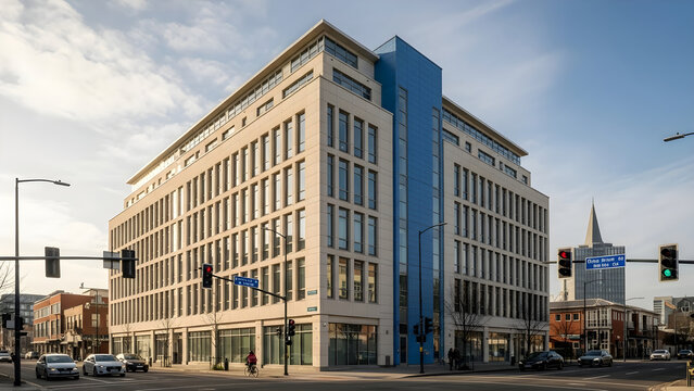 A large beige office building with blue accents stands on a city street corner