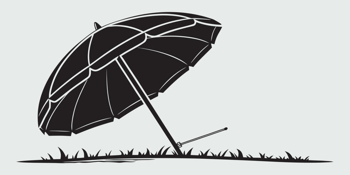 Open beach umbrella in grass field silhouette graphic with sunny day leisure time umbrella silhouette vacation relaxation tropical landscape illustration monochrome isolated protection
