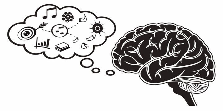 Human brain icon with thought bubble showing brainstorming ideas thinking creativity intelligence knowledge cognitive abstract education learning innovation imagination brainstorming