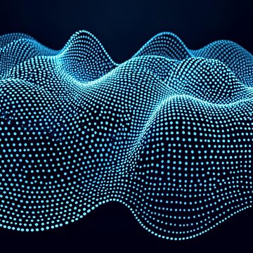 Abstract glowing blue digital wave pattern of dots, representing data flow and technological progress