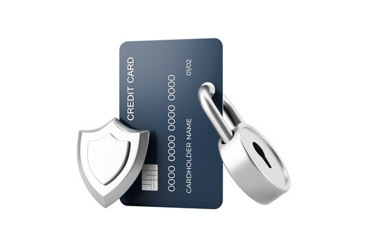Credit card with shield and padlock shown as clean 3D Rendering style on white background, concept of secure finance and protection