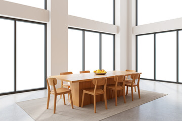 Fototapeta premium Modern dining room with wooden table and chairs shown in realistic style on white background, concept of interior minimalism and comfort, 3D Rendering