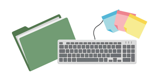 An illustration featuring a green file folder, a grey keyboard, and three colorful sticky notes connected by a thin black wire on a white background.