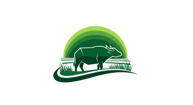 Green Silhouette Water Buffalo Nature Logo Design.