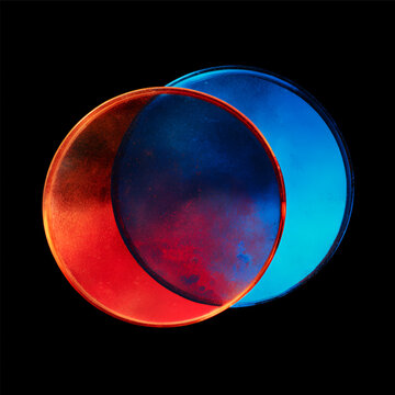 Two overlapping glowing circular light discs with red and blue neon colors.