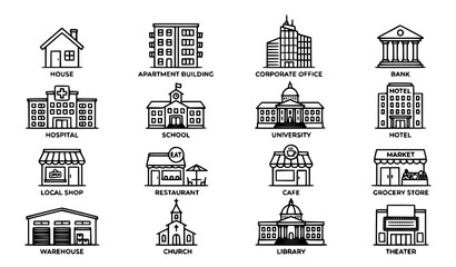 Naklejka premium Editable Line Building Icons with City Real Estate School Bank and Hotel Symbols