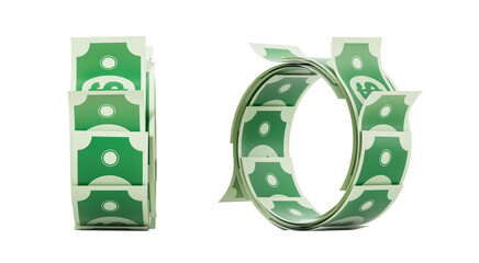 Stylized green dollar bills forming a stack and loop in clean 3D Rendering style on a white...