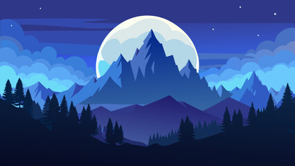 Fototapeta premium Mystical night mountain range with a large glowing moon and clouds dark blue pine trees night sky color palette mountains silhouette landscape outdoors illustration minimalist background