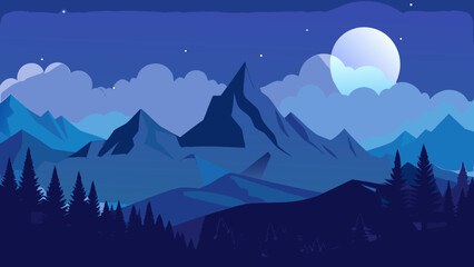 Fototapeta premium Abstract vector illustration of a majestic mountain range under a clear night sky with a full moon and stars flat design mountain landscape illustration abstract minimalist forested silhouette