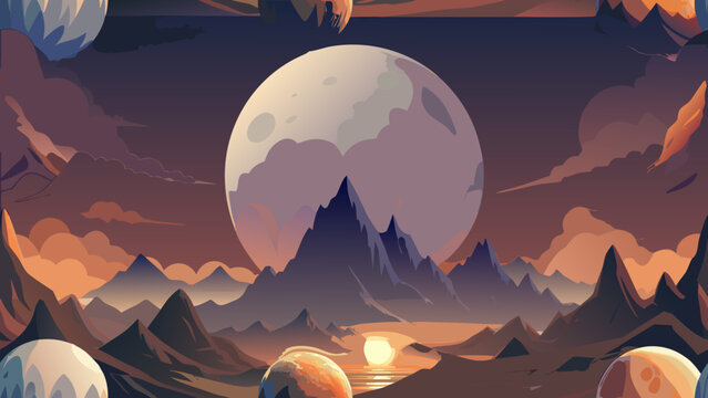 Sci-fi landscape with a giant moon and alien planets in a twilight sky over rocky mountains sci fi outer space science fiction landscape mountains twilight illustration universe celestial