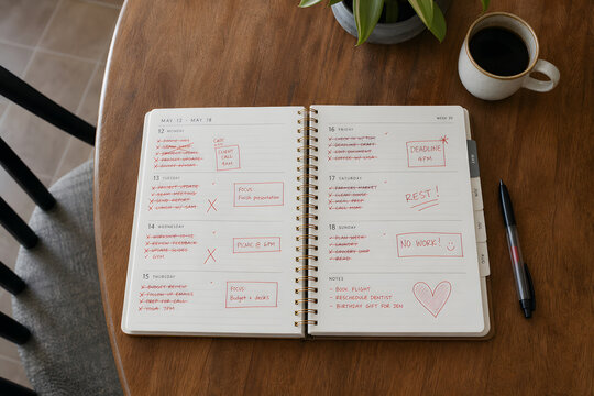 Overbooked weekly planner on quiet kitchen table