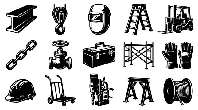 Black and White Icons of Industrial Construction and Manufacturing Tools Vector Set