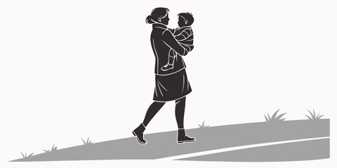 Fototapeta premium Black and white silhouette graphic of a woman walking while carrying a small baby with walking path silhouette carrying parenting maternity outdoors illustration lifestyle together nurturing