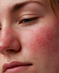 Fototapeta premium close-up macro portrait of rosacea skin with redness around nose and cheeks,