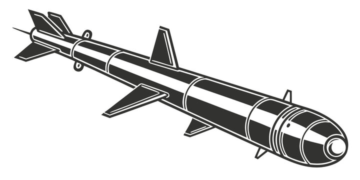 Stylized graphic illustration of a guided tactical surface to air military missile with military projectile technology explosive aviation strategic tactical aerospace armament ballistic