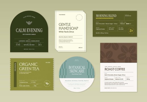 Product Label Template Set For Packaging Stickers, Jar Tags, Cosmetic, Coffee, Candle Labels